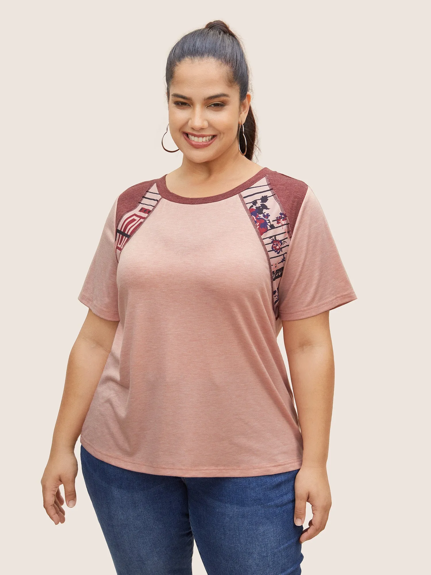 Crew Neck Geometric Patchwork Stitch T-shirt sold by Bloomchic