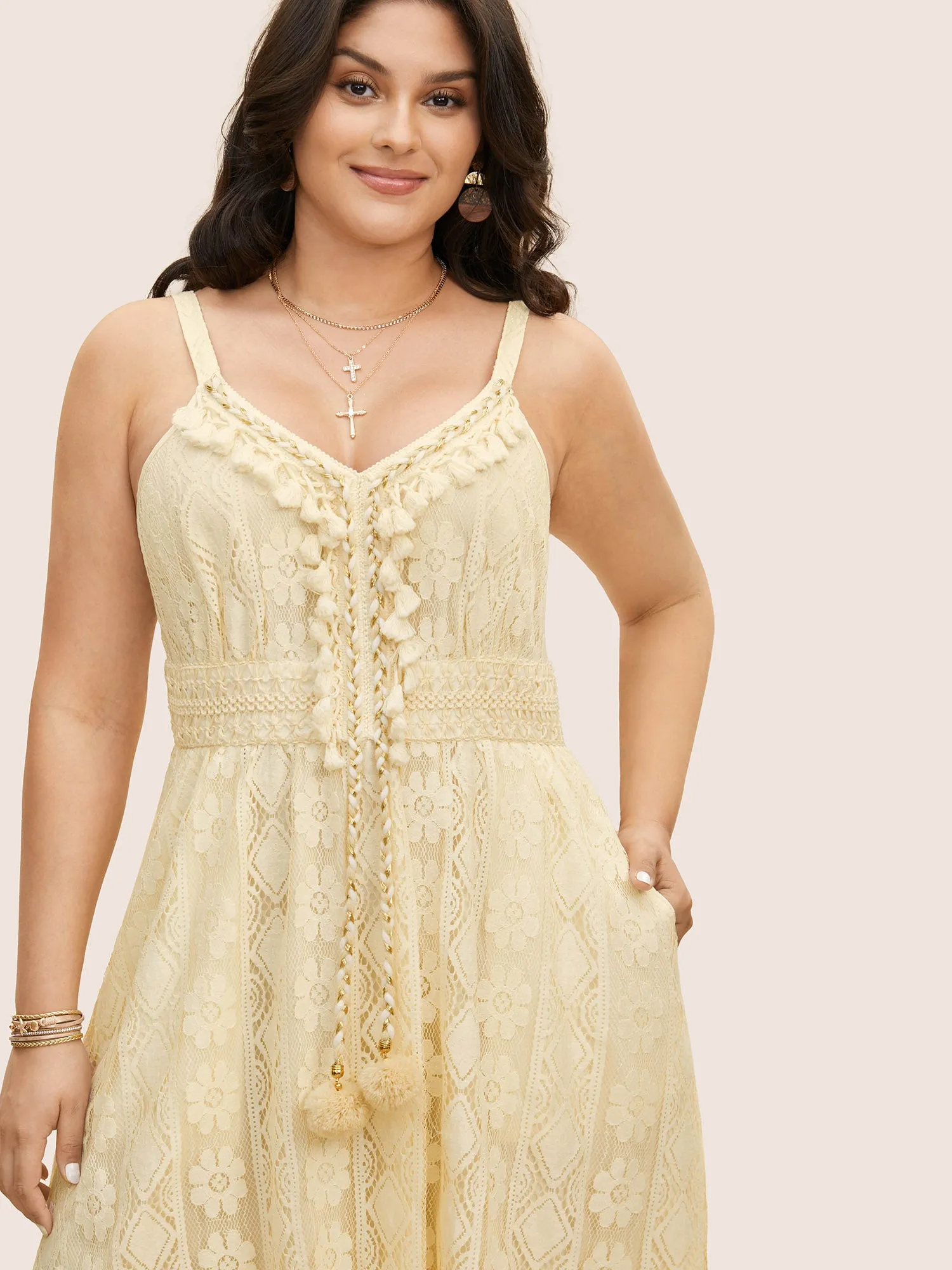 Lace Panel Fluffy Ball Patchwork Tassel Trim Dress sold by Bloomchic product image thumbnail 2