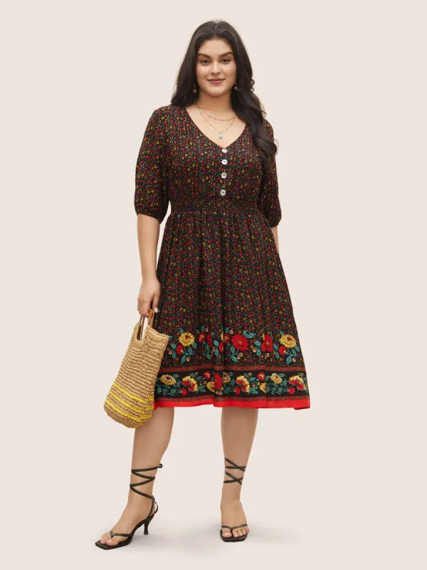 Ditsy Floral Print Elastic Waist Shirred Button Detail Dress sold by Bloomchic