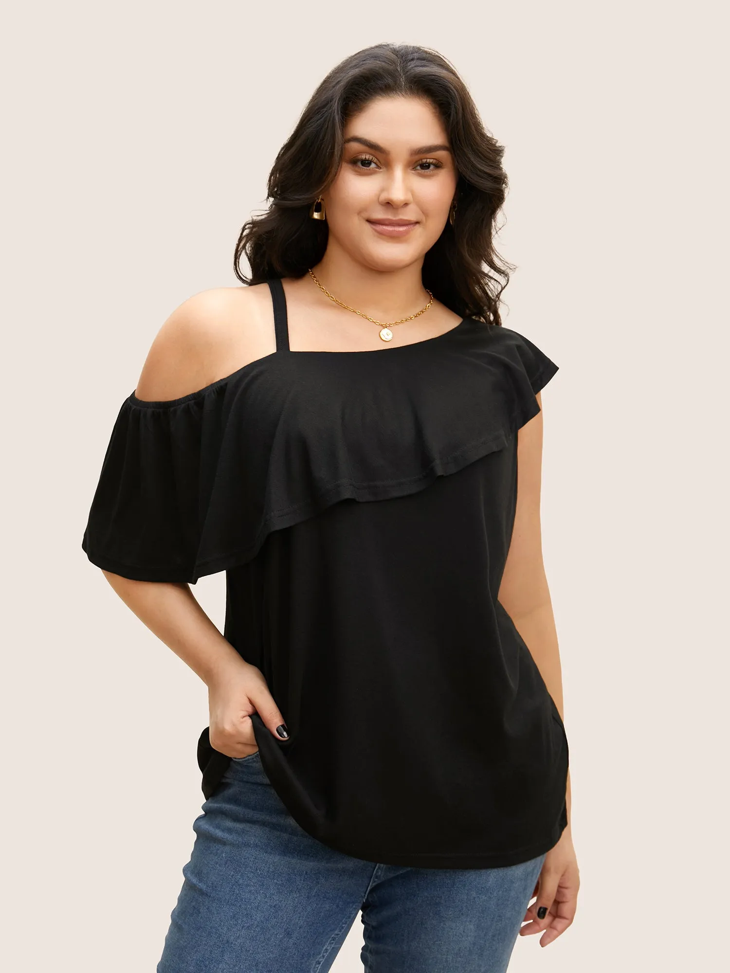 One Shoulder Solid Ruffle Trim T-shirt sold by Bloomchic