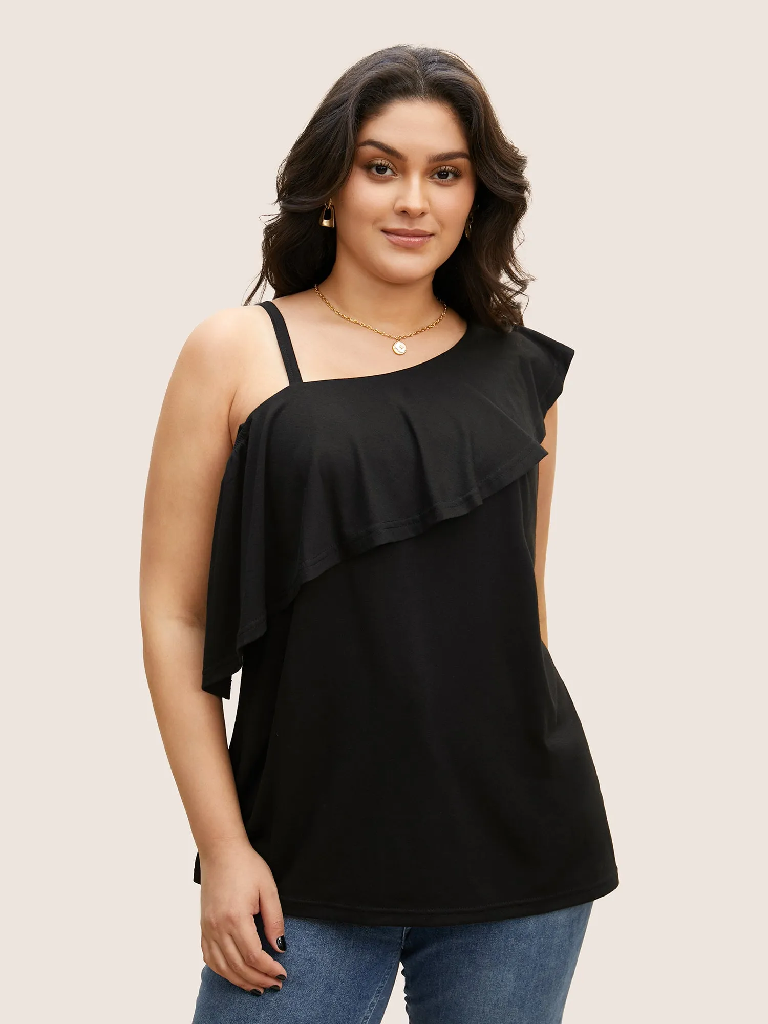 One Shoulder Solid Ruffle Trim T-shirt sold by Bloomchic product image thumbnail 2