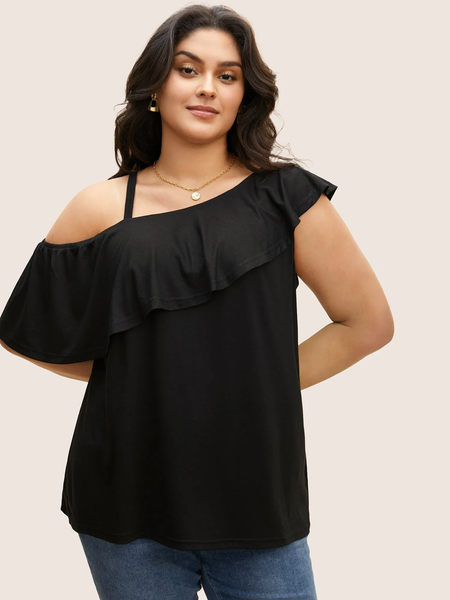 One Shoulder Solid Ruffle Trim T-shirt sold by Bloomchic product image thumbnail 4