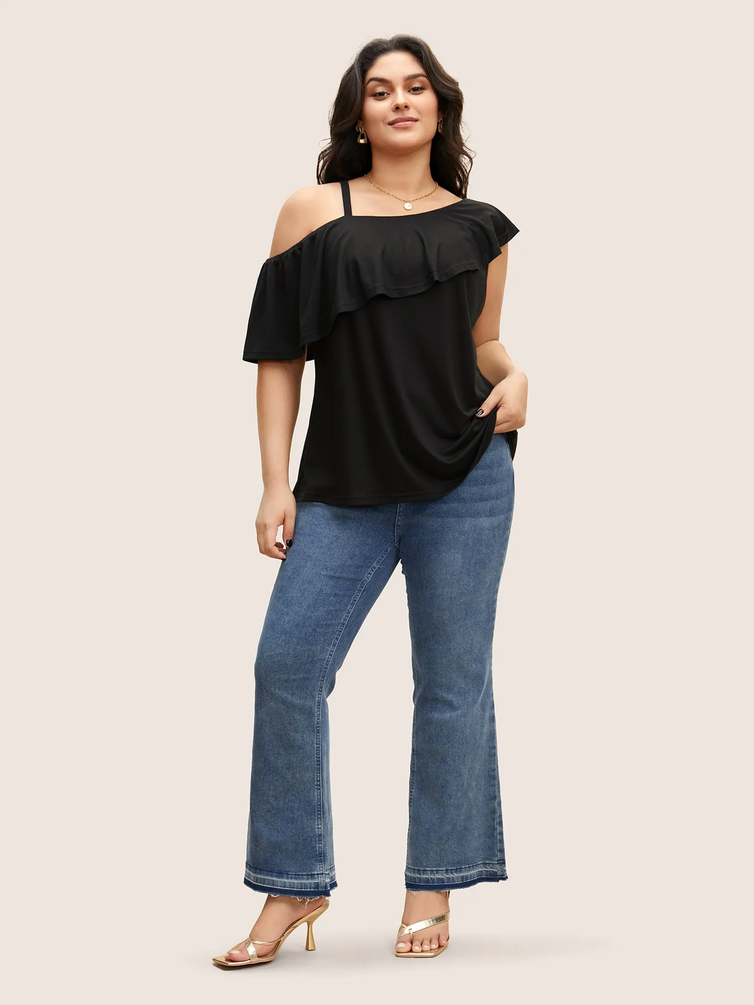 One Shoulder Solid Ruffle Trim T-shirt sold by Bloomchic product image thumbnail 3