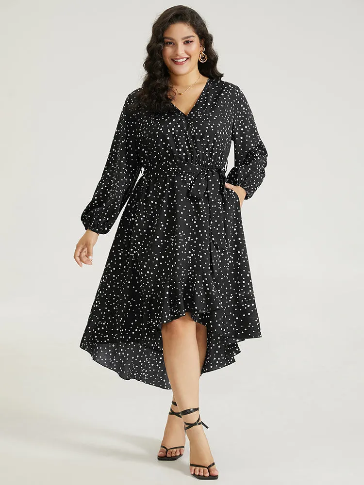 Polka Dot Wrap Ruffle Trim High Low Hem Dress sold by Bloomchic