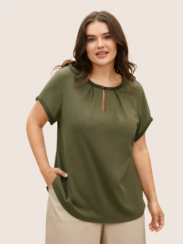 Cotton Keyhole Contrast Webbing Pleated T-shirt sold by Bloomchic
