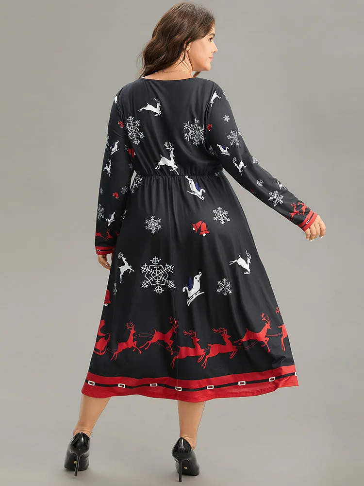 Christmas Elk Print Contrast Elastic Waist Dress sold by Bloomchic product image thumbnail 4