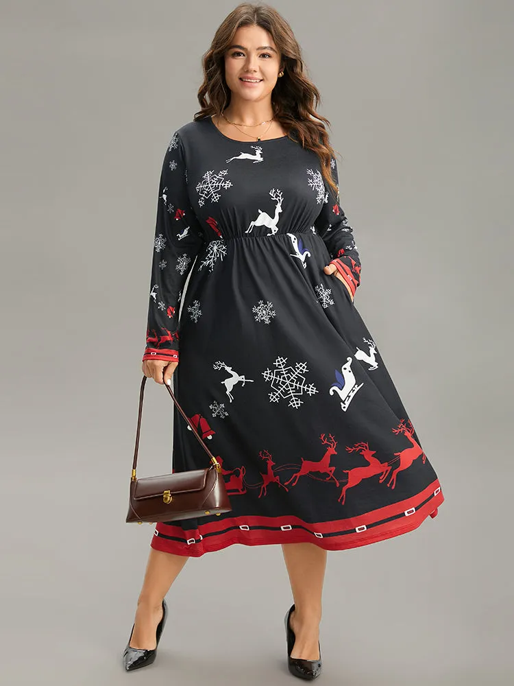 Christmas Elk Print Contrast Elastic Waist Dress sold by Bloomchic product image thumbnail 2