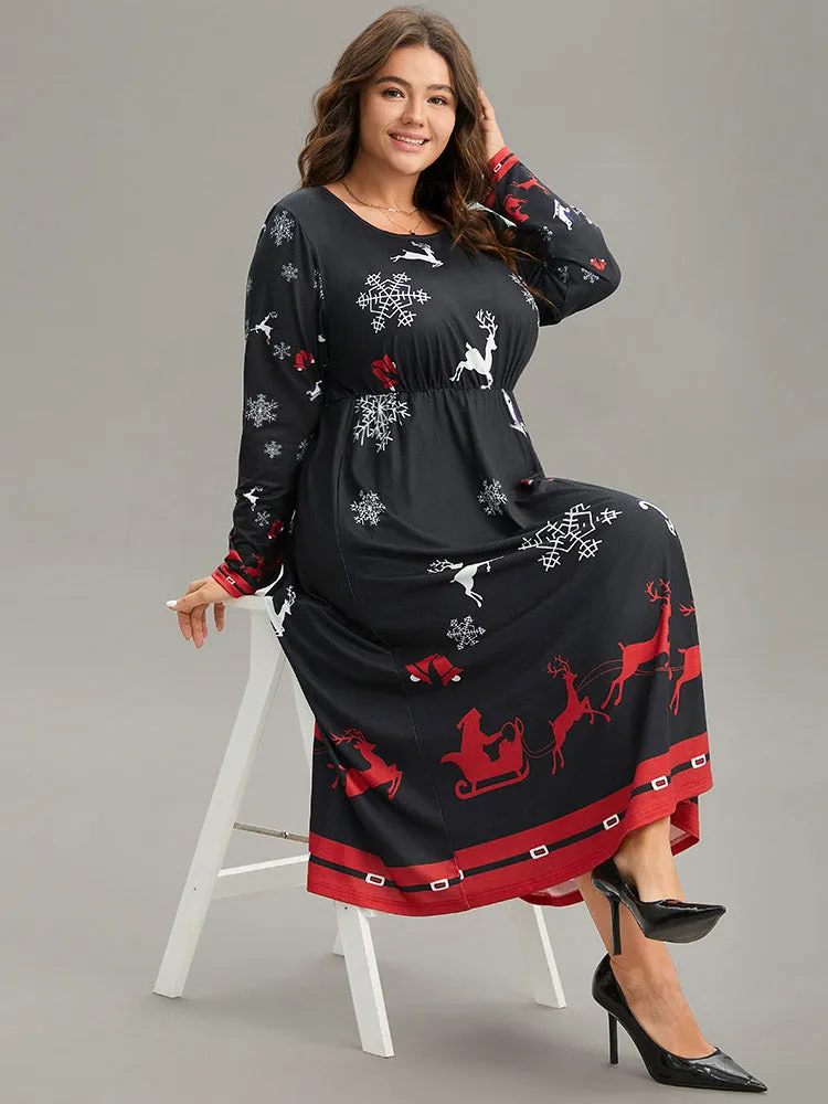 Christmas Elk Print Contrast Elastic Waist Dress sold by Bloomchic product image thumbnail 3