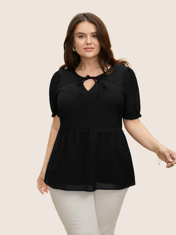 Lace Panel Knot Neck Lantern Sleeve Blouse sold by Bloomchic