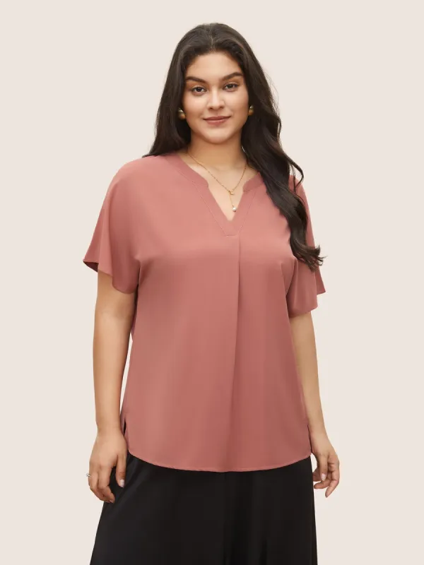 Plain Pleated Notched Dolman Sleeve Blouse sold by Bloomchic