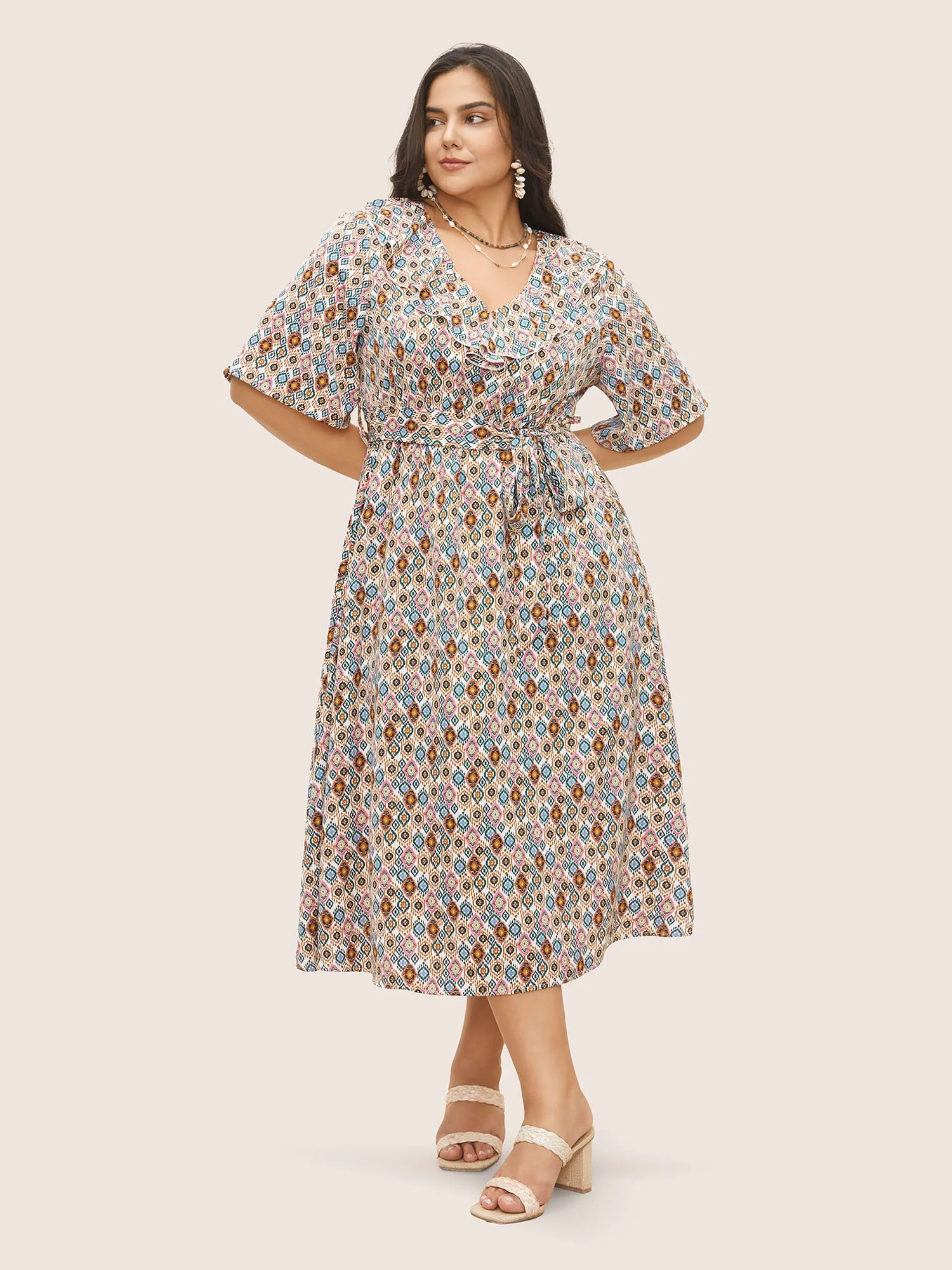 Bandana Geometric Ruffle Trim Belted Dress sold by Bloomchic product image thumbnail 3