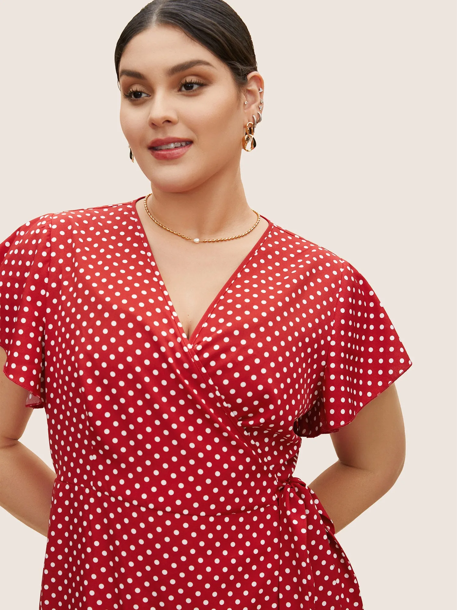 Polka Dot Wrap Ruffle Sleeve Tie Knot Dress sold by Bloomchic product image thumbnail 5