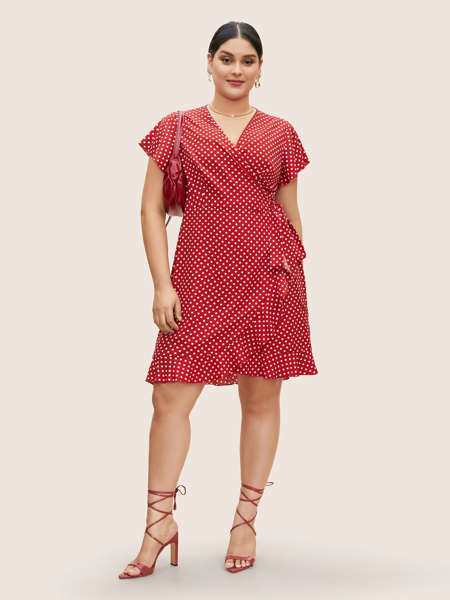 Polka Dot Wrap Ruffle Sleeve Tie Knot Dress sold by Bloomchic product image thumbnail 3