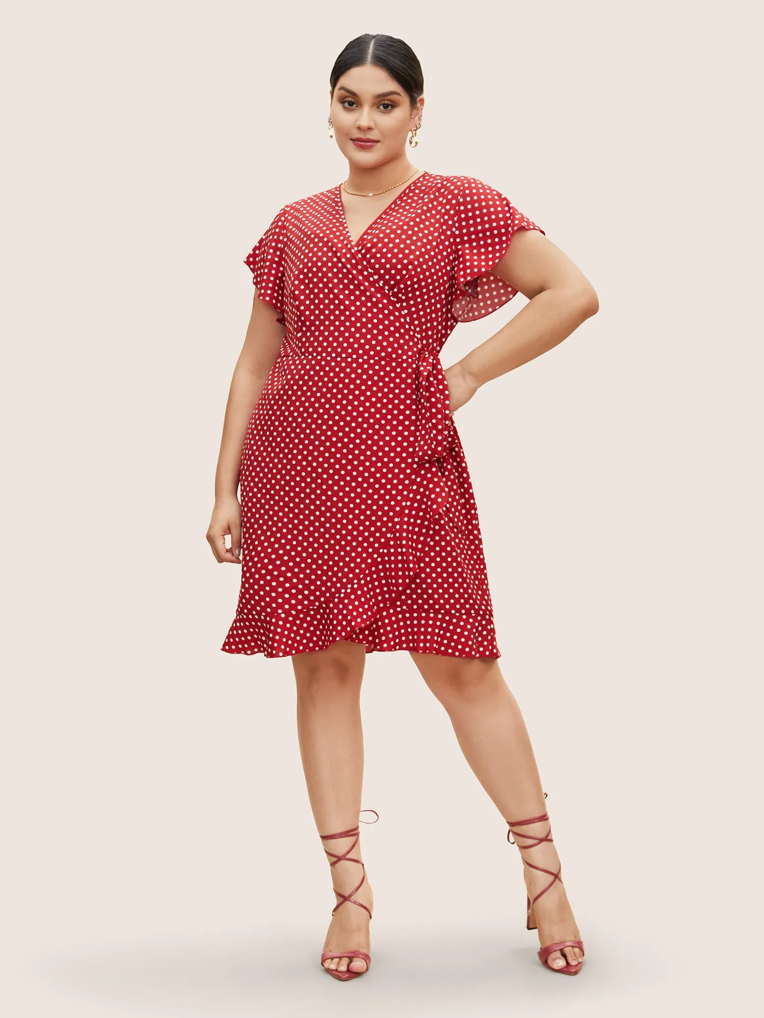 Polka Dot Wrap Ruffle Sleeve Tie Knot Dress sold by Bloomchic product image thumbnail 2