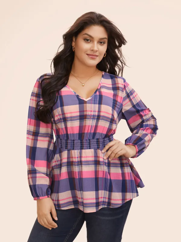 V Neck Plaid Shirred Shirred Blouse sold by Bloomchic
