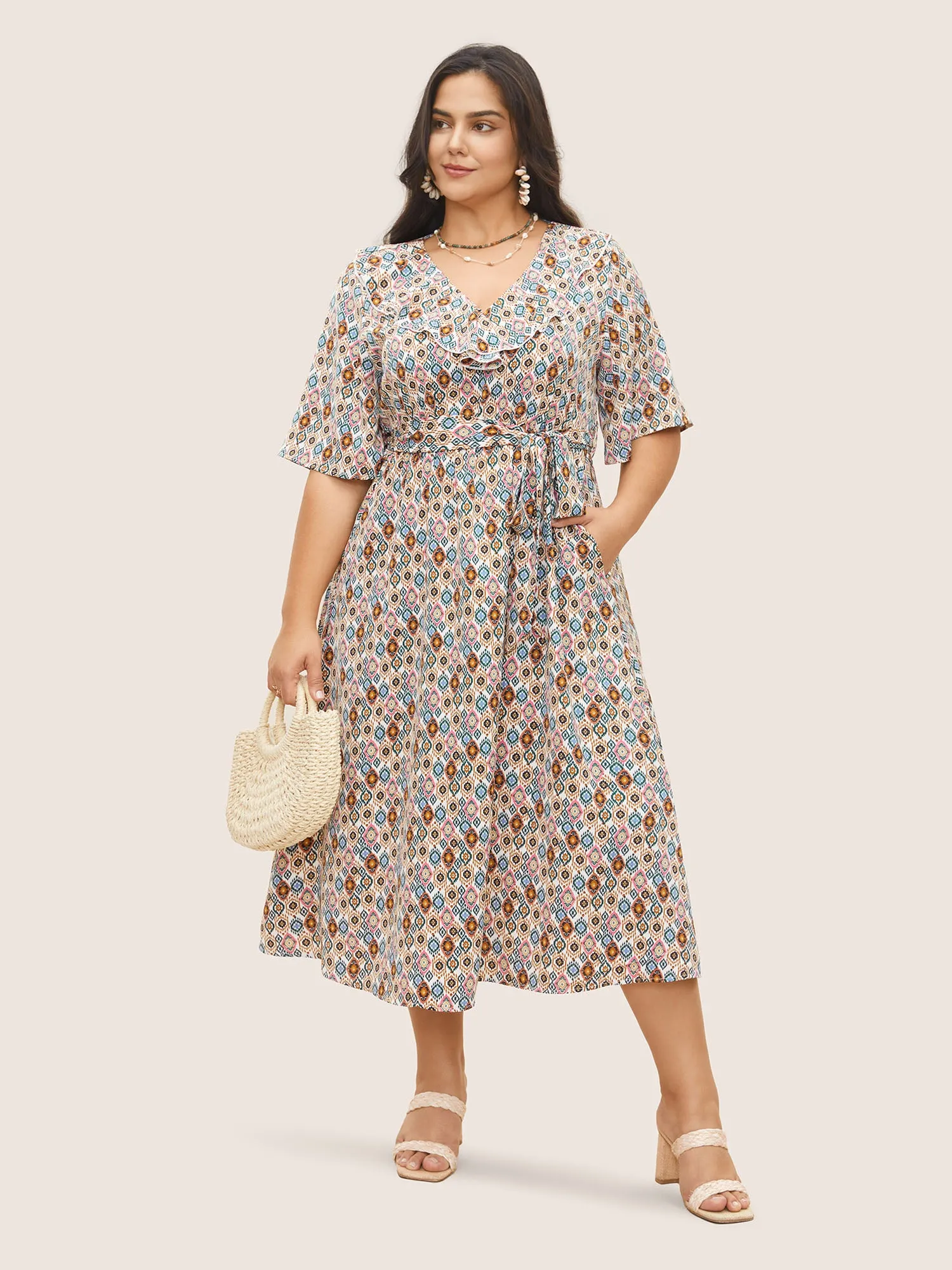 Bandana Geometric Ruffle Trim Belted Dress sold by Bloomchic