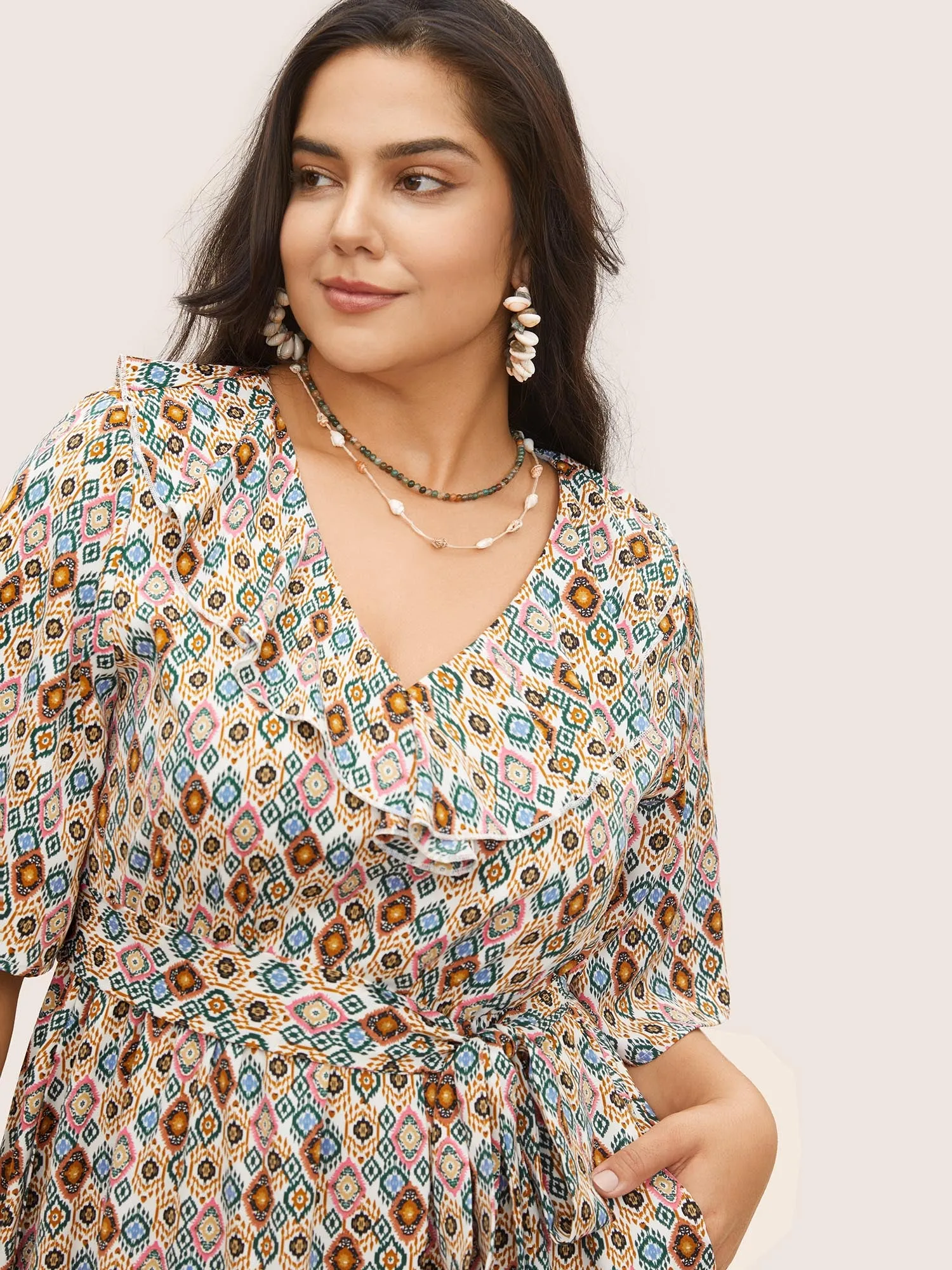 Bandana Geometric Ruffle Trim Belted Dress sold by Bloomchic product image thumbnail 2