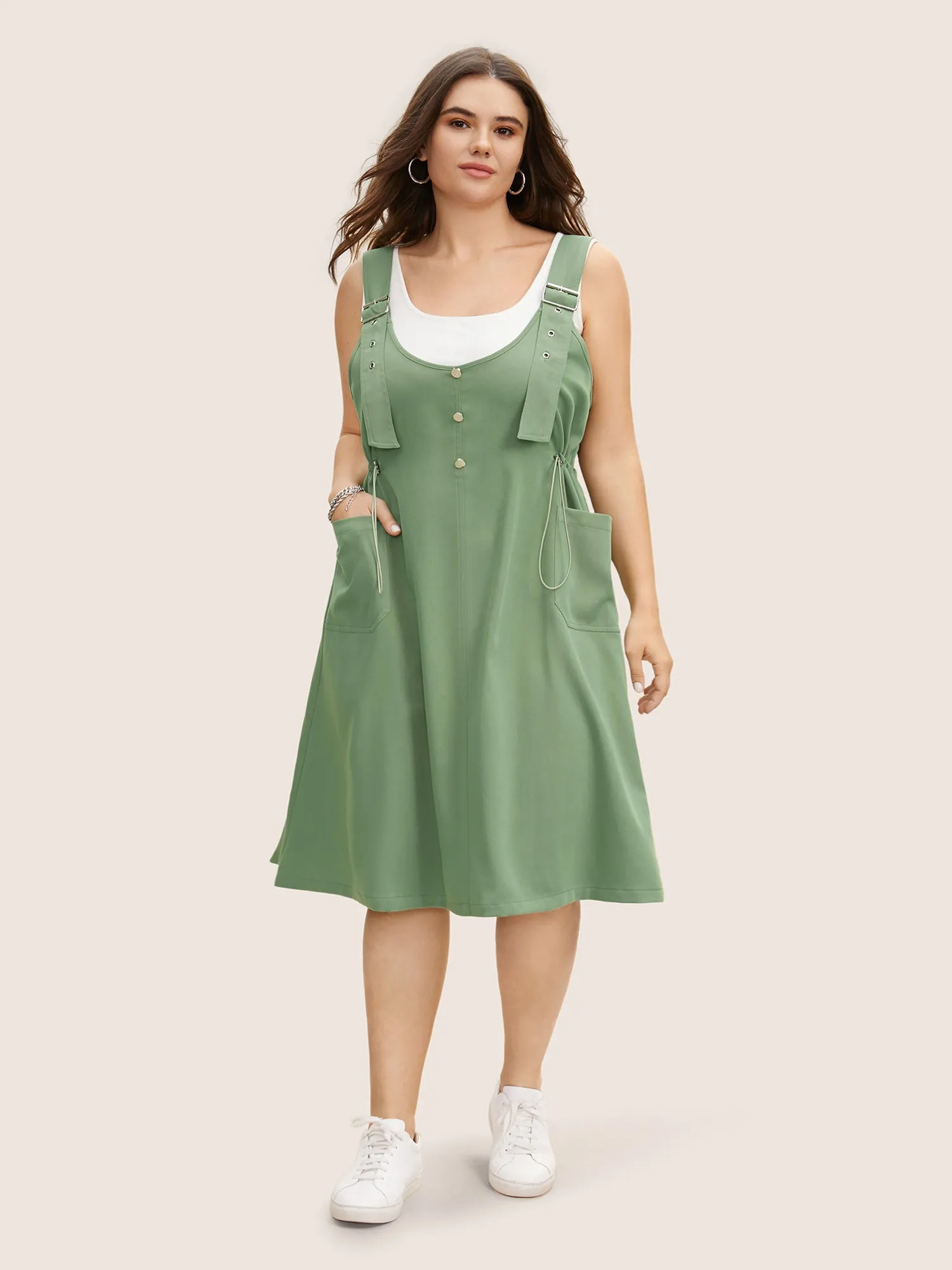 U Neck Button Detail Patched Pocket Drawstring Dress sold by Bloomchic