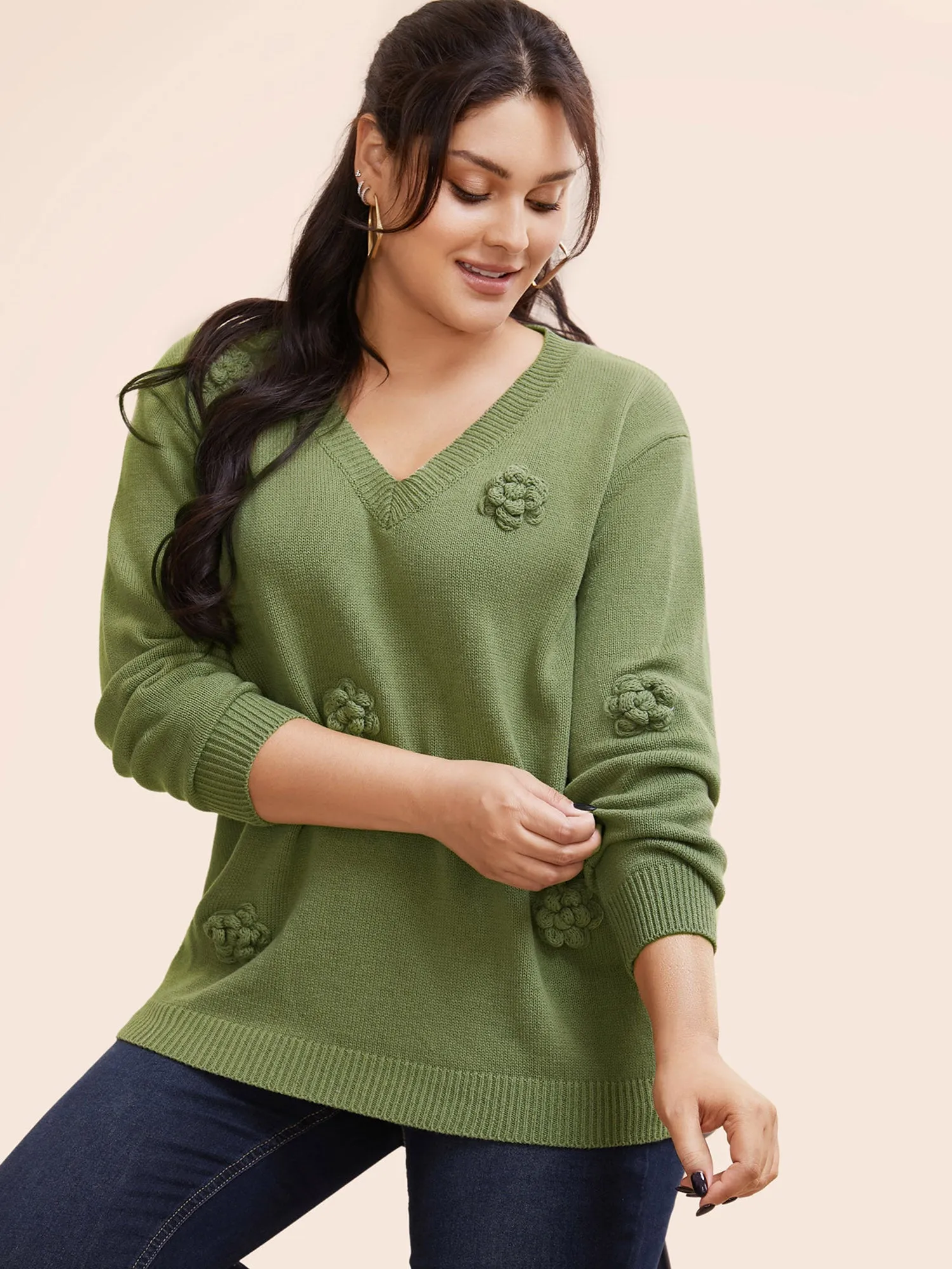 V Neck Stereo Flower Design Pullover sold by Bloomchic