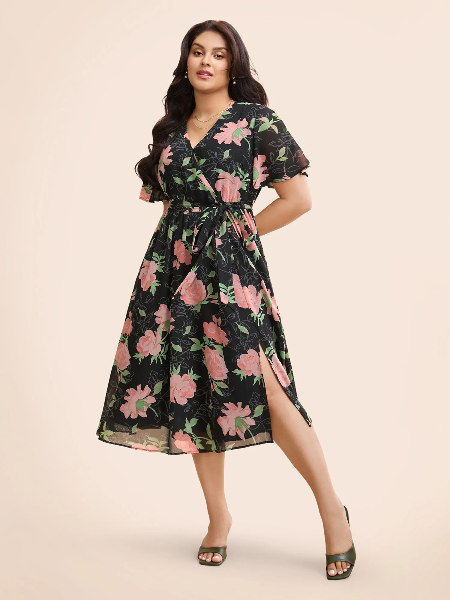 Overlap Collar Floral Split Hem Dress sold by Bloomchic