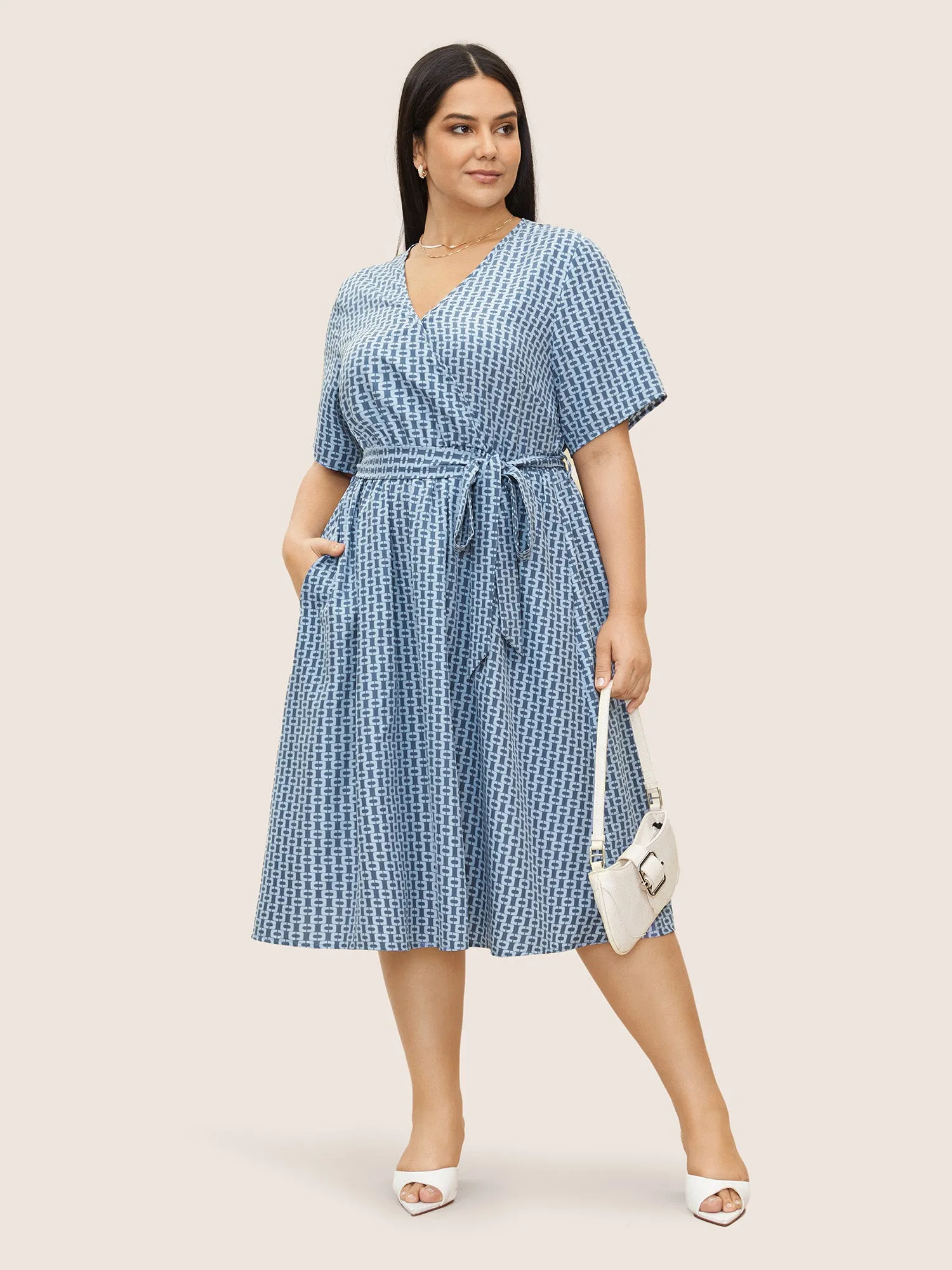 Geometric Overlap Collar Elastic Waist Belted Dress sold by Bloomchic product image thumbnail 3