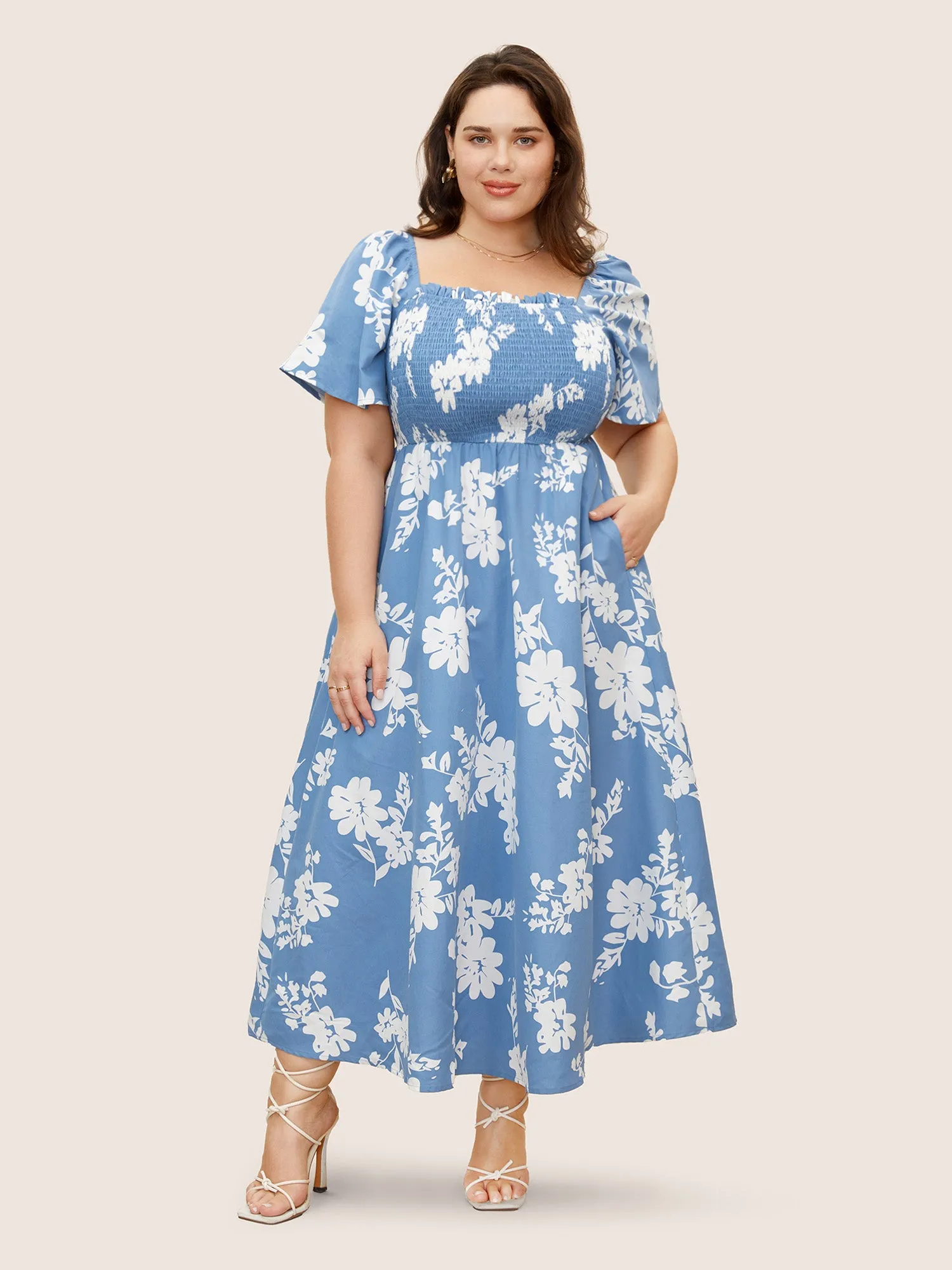 Silhouette Floral Print Shirred Square Neck Dress sold by Bloomchic product image thumbnail 2