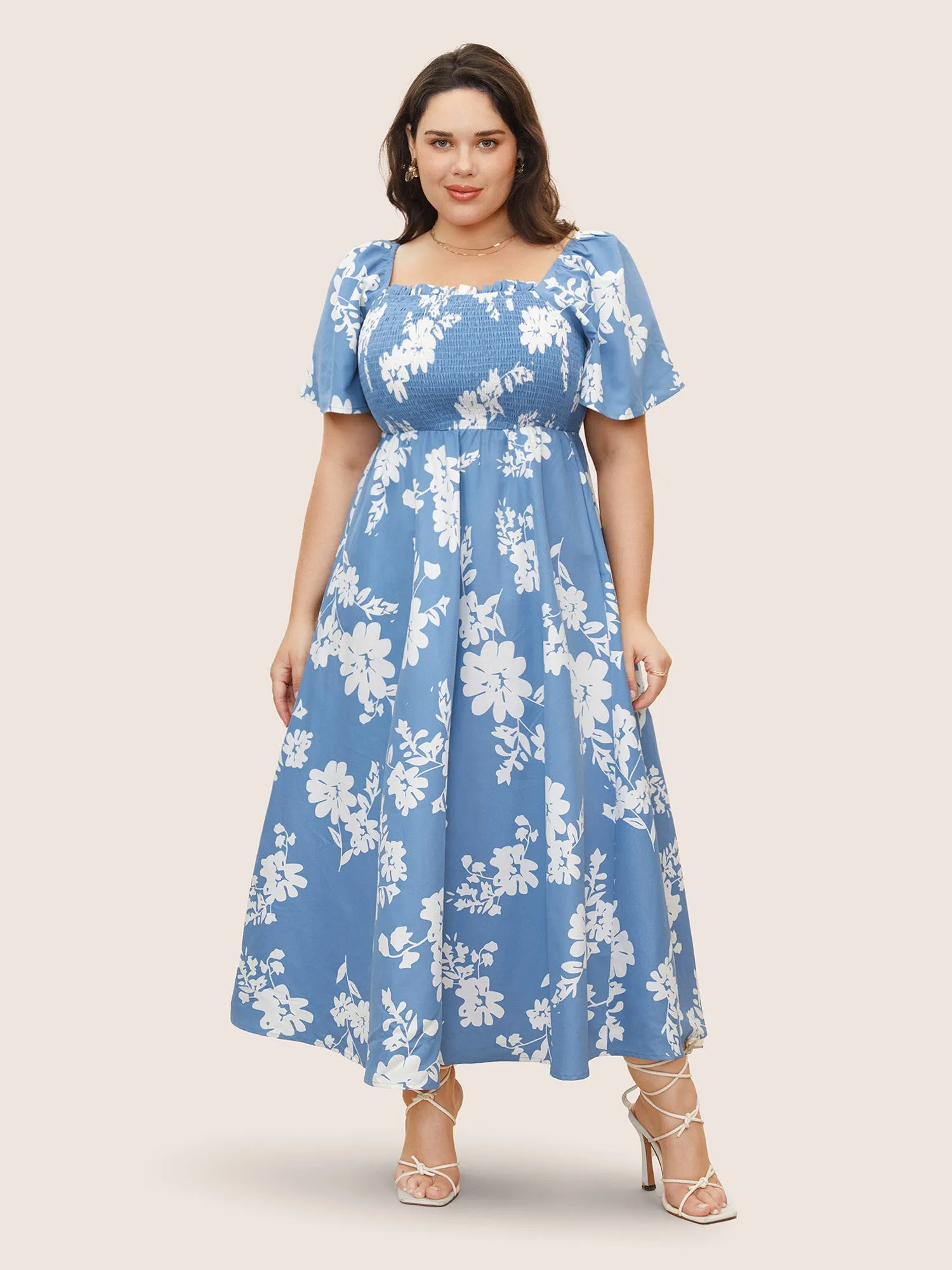 Silhouette Floral Print Shirred Square Neck Dress sold by Bloomchic