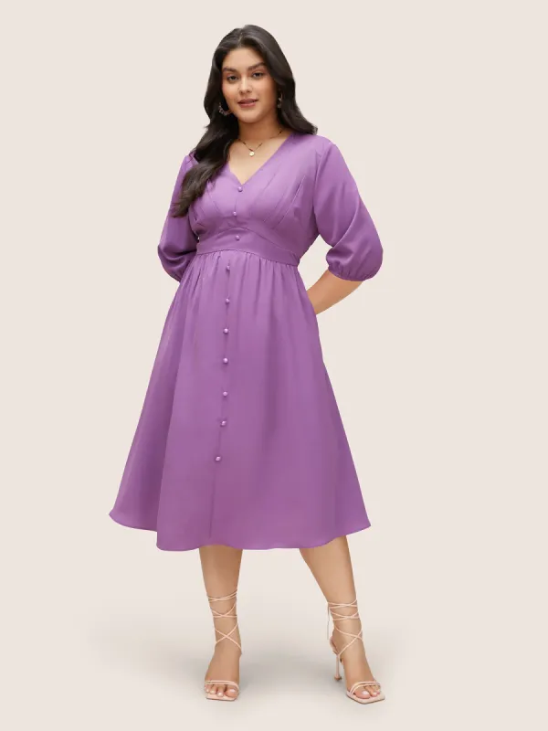 Solid Patchwork Pleated Button Detail Dress sold by Bloomchic