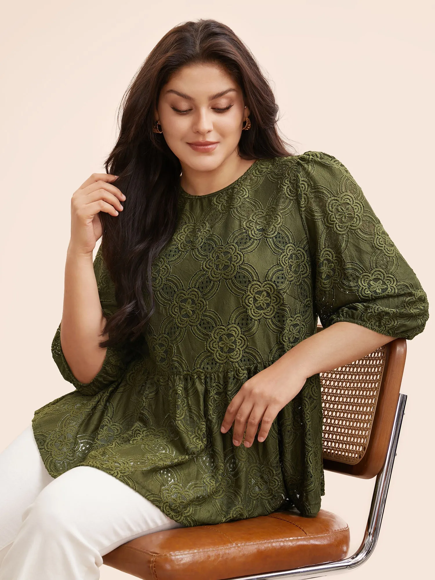 Crew Neck Crochet Lace Lantern Sleeve Blouse sold by Bloomchic product image thumbnail 2