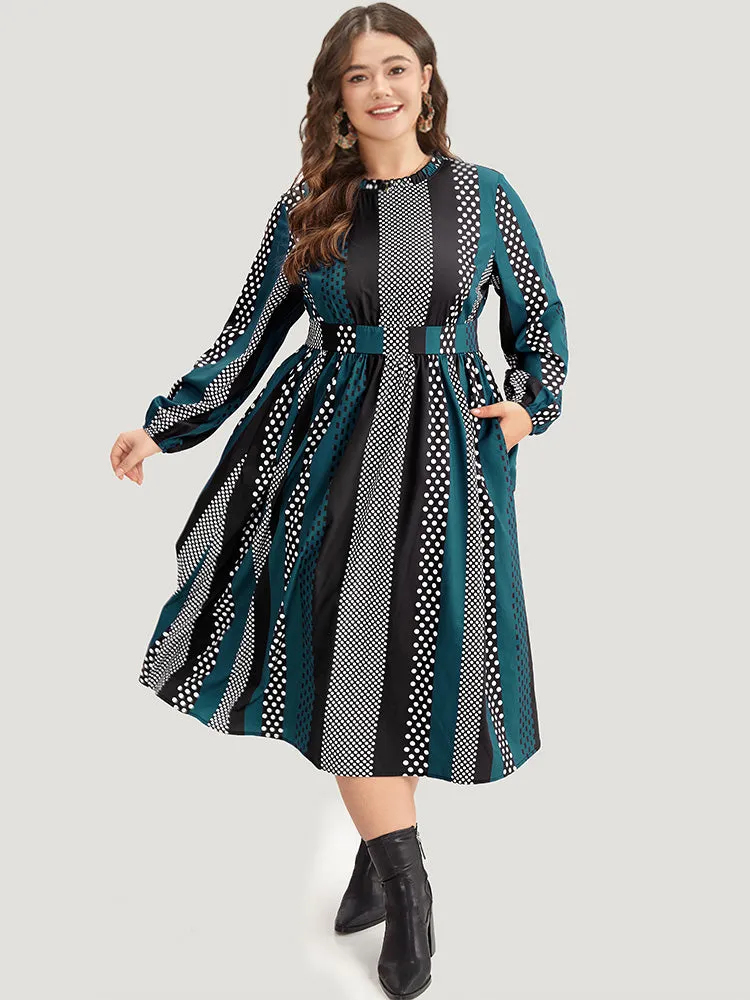 Polka Dot Patchwork Striped Pleated Lantern Sleeve Dress sold by Bloomchic