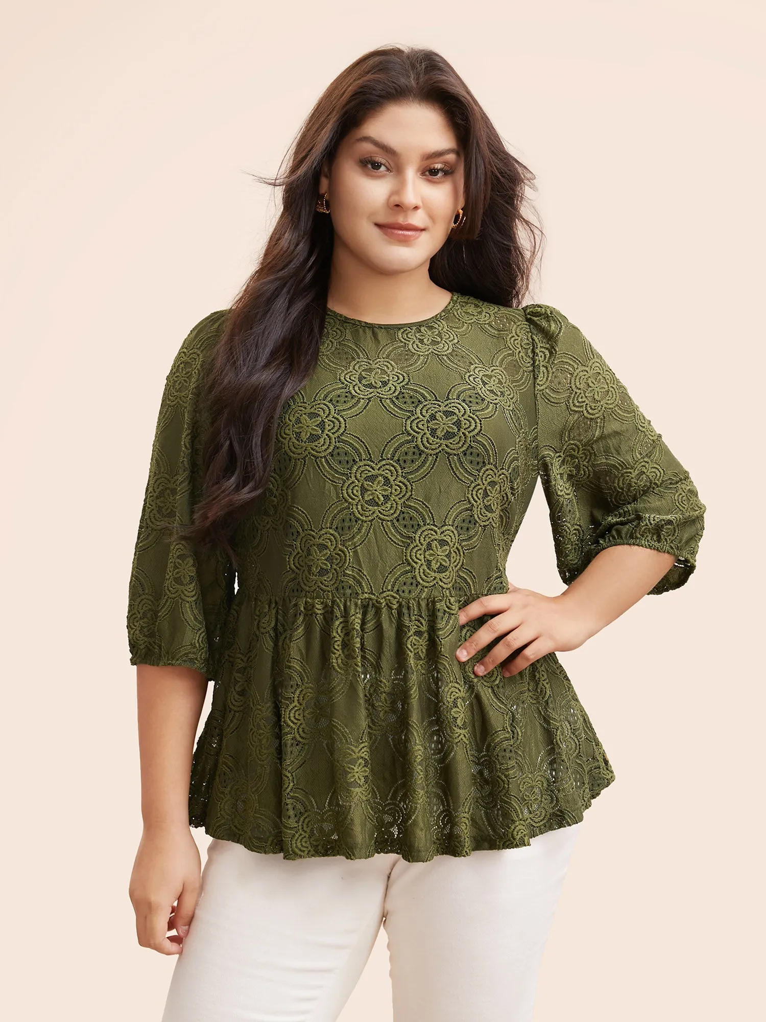 Crew Neck Crochet Lace Lantern Sleeve Blouse sold by Bloomchic