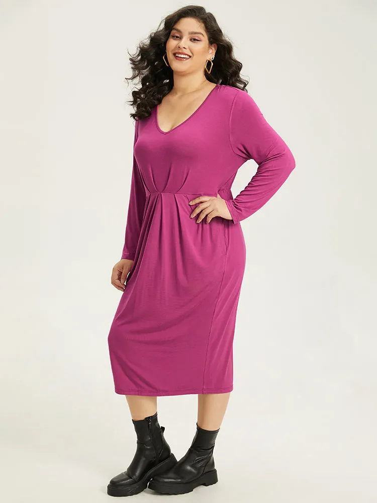 Solid Pocket V Neck Plicated Detail Dress sold by Bloomchic product image thumbnail 4
