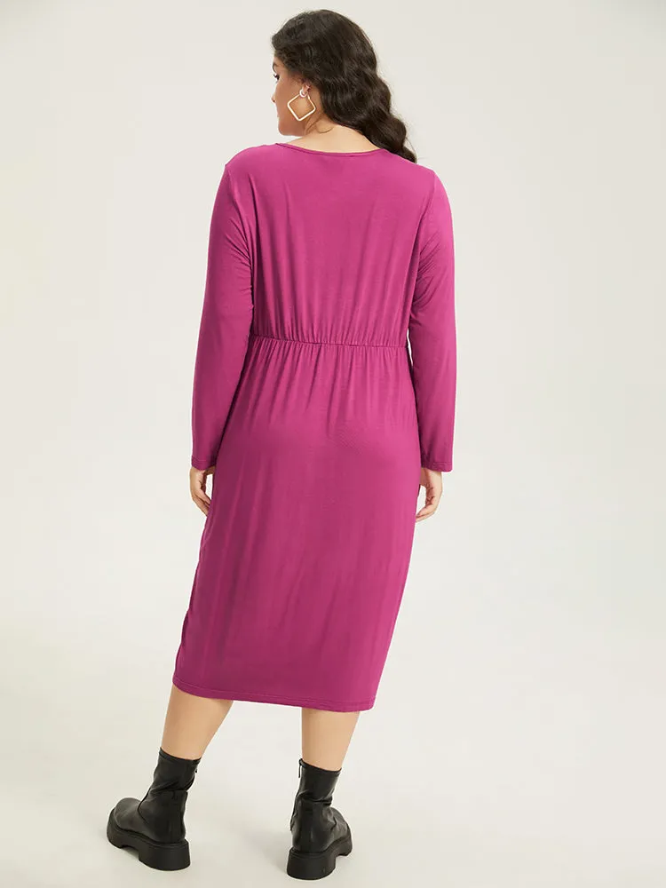 Solid Pocket V Neck Plicated Detail Dress sold by Bloomchic product image thumbnail 3