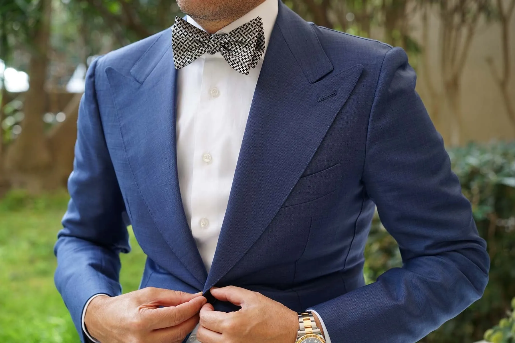 Black & Silver Houndstooth Pattern Self Tie Bow Tie sold by OTAA product image thumbnail 4