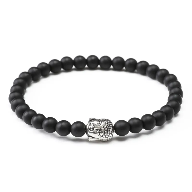 Onyx Matte Stones with Mini Silver Buddha Bracelet made by OTAA