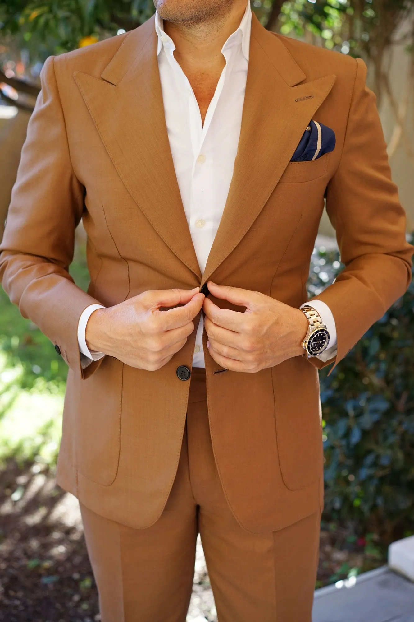 Navy Blue Champagne Gold Striped Pocket Square sold by OTAA product image thumbnail 4