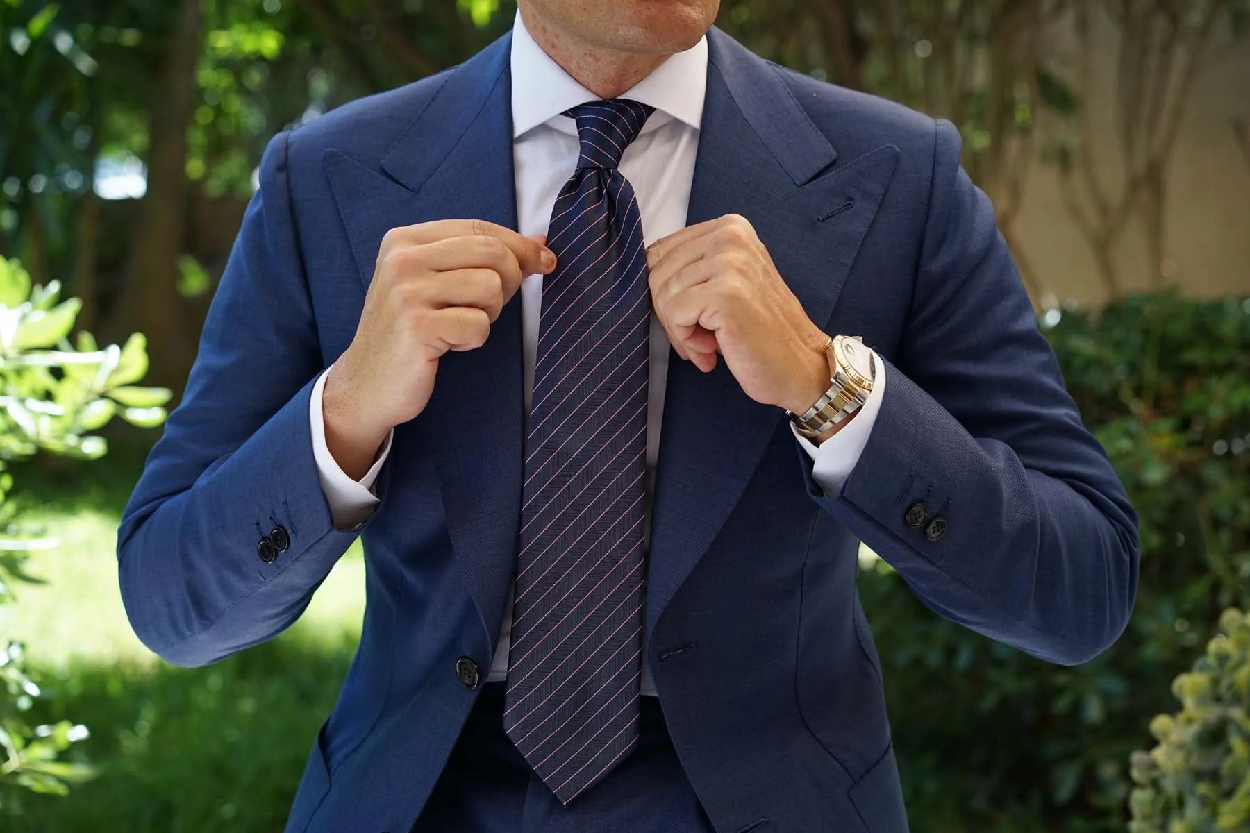 Pink Striped Navy Blue Herringbone Necktie sold by OTAA product image thumbnail 4