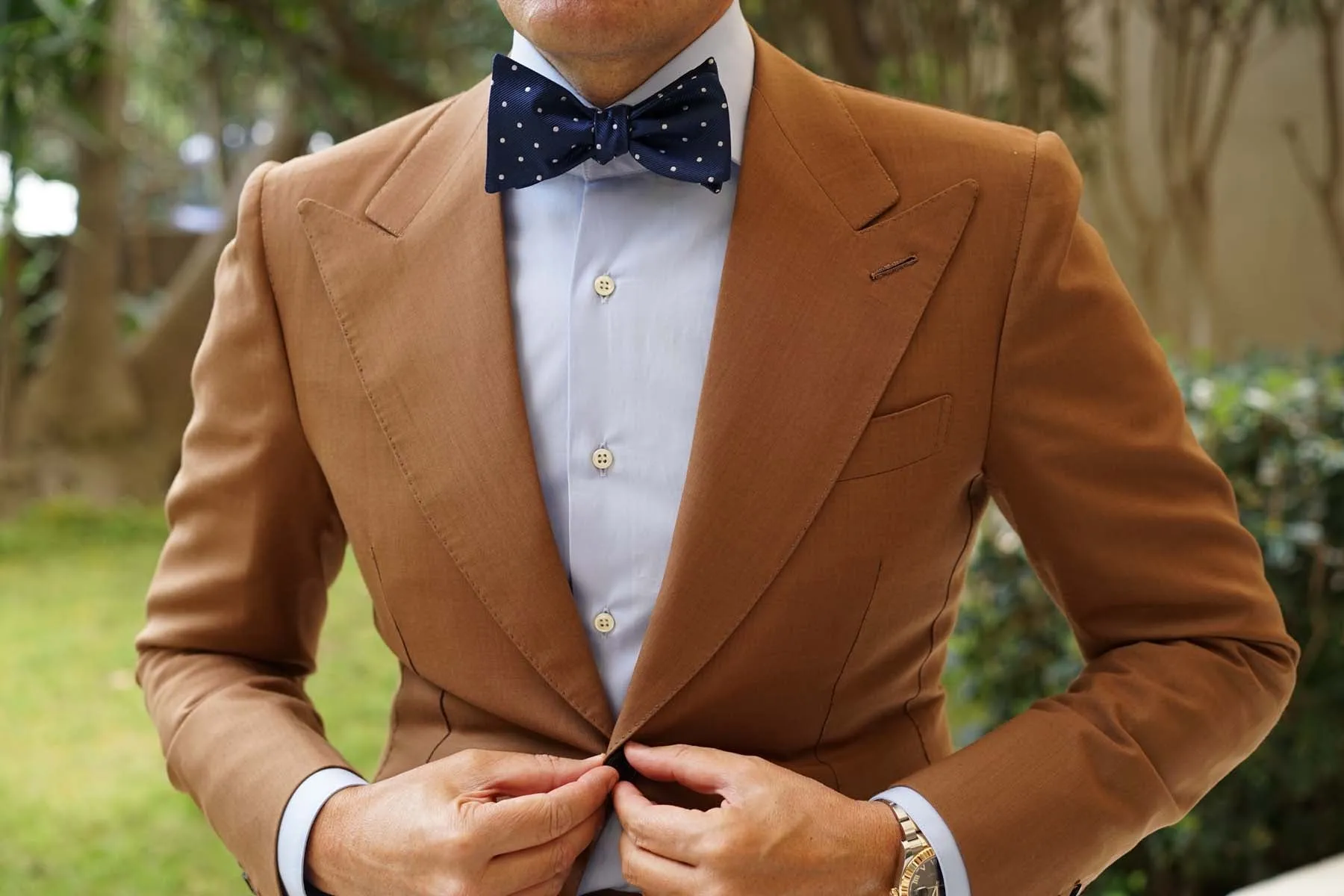 The OTAA Navy Blue with White Polka Dots Self Tie Bow Tie sold by OTAA product image thumbnail 5