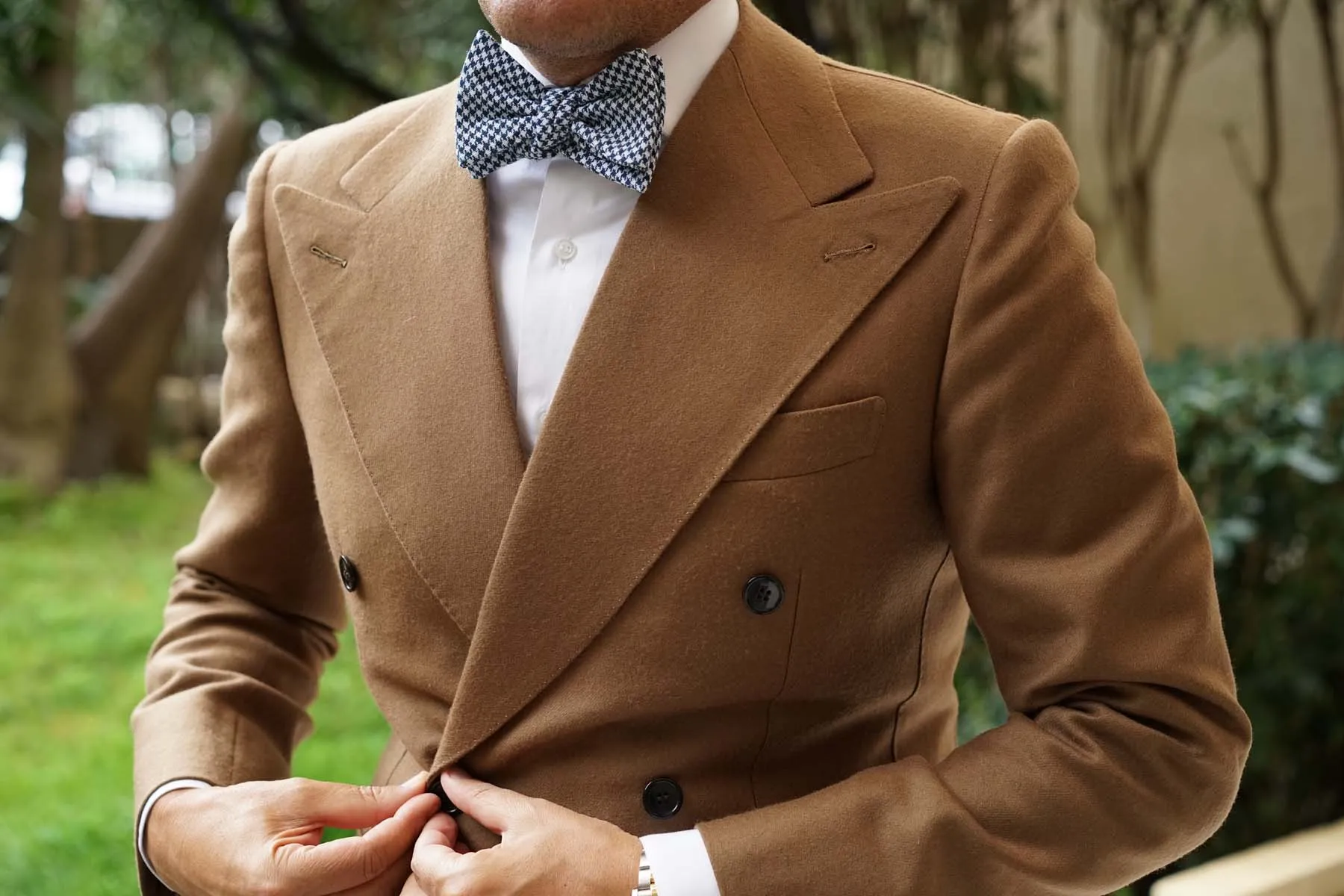 Blue Houndstooth Raw Linen Self Bow Tie sold by OTAA product image thumbnail 4