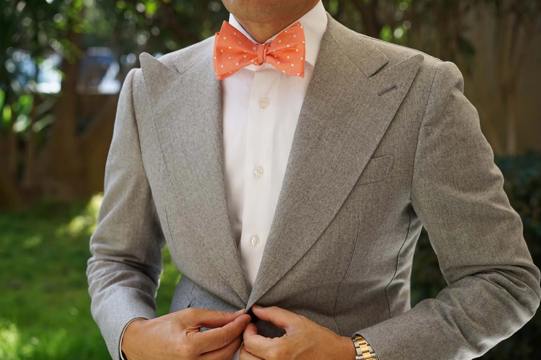 Coral Orange with White Polka Dots Self Tie Bow Tie sold by OTAA product image thumbnail 4