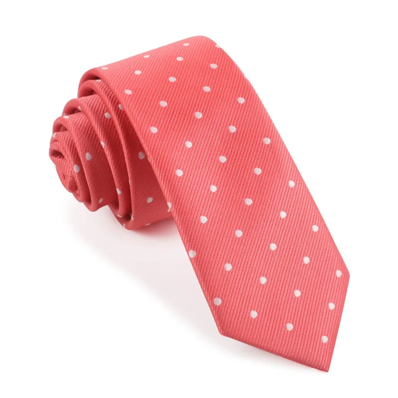 Coral Pink with White Polka Dots Skinny Tie made by OTAA