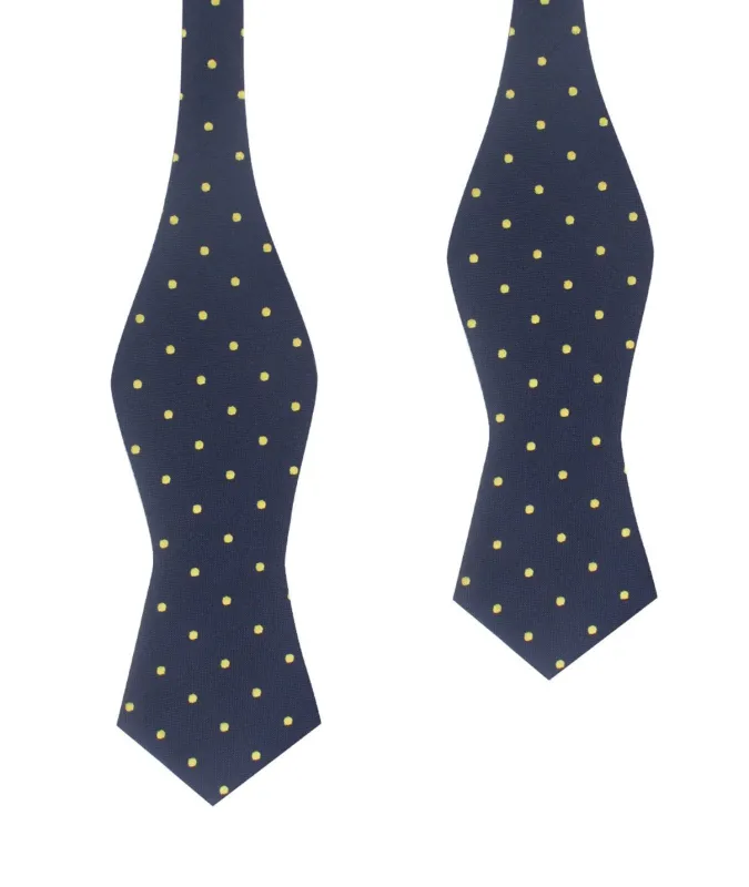 Navy Blue with Yellow Polka Dots Self Tie Diamond Tip Bow Tie made by OTAA