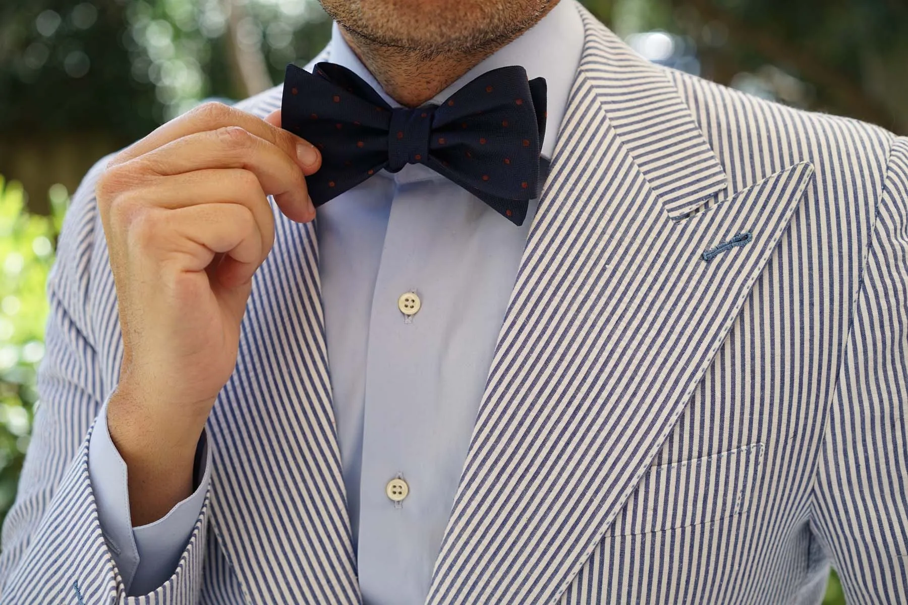 Navy Blue with Brown Polka Dots Self Tie Bow Tie sold by OTAA product image thumbnail 5