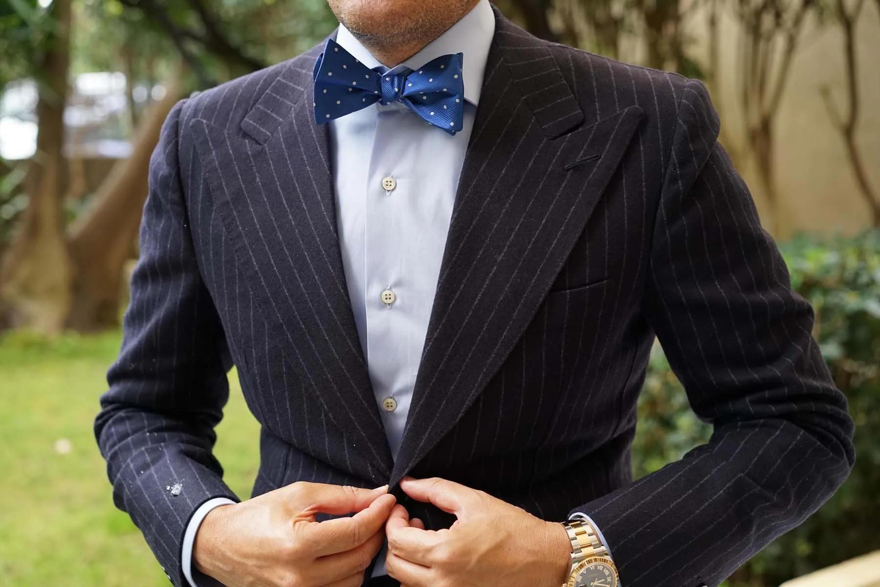 Royal Blue with White Polka Dots Self Tie Bow Tie sold by OTAA product image thumbnail 5