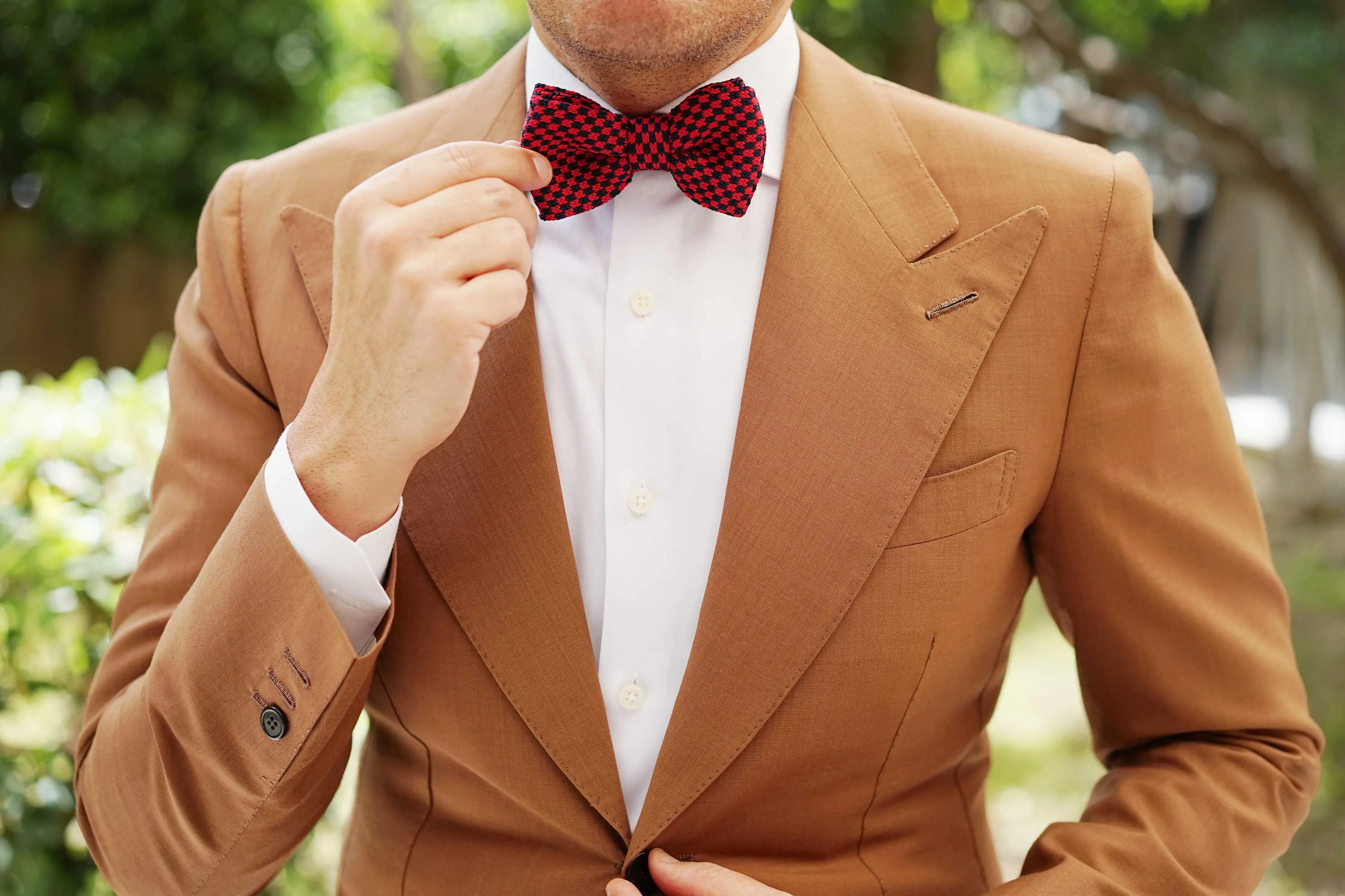 Red with Navy Blue Checkered Knitted Bow Tie sold by OTAA product image thumbnail 4