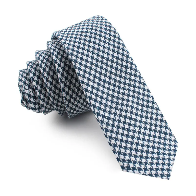 Blue Houndstooth Raw Linen Skinny Tie made by OTAA