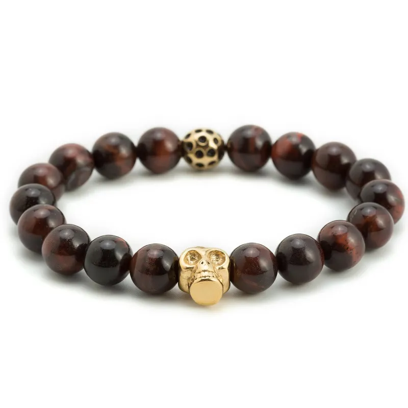 Boston Red Tiger Eye Gold Skull Bracelet made by OTAA