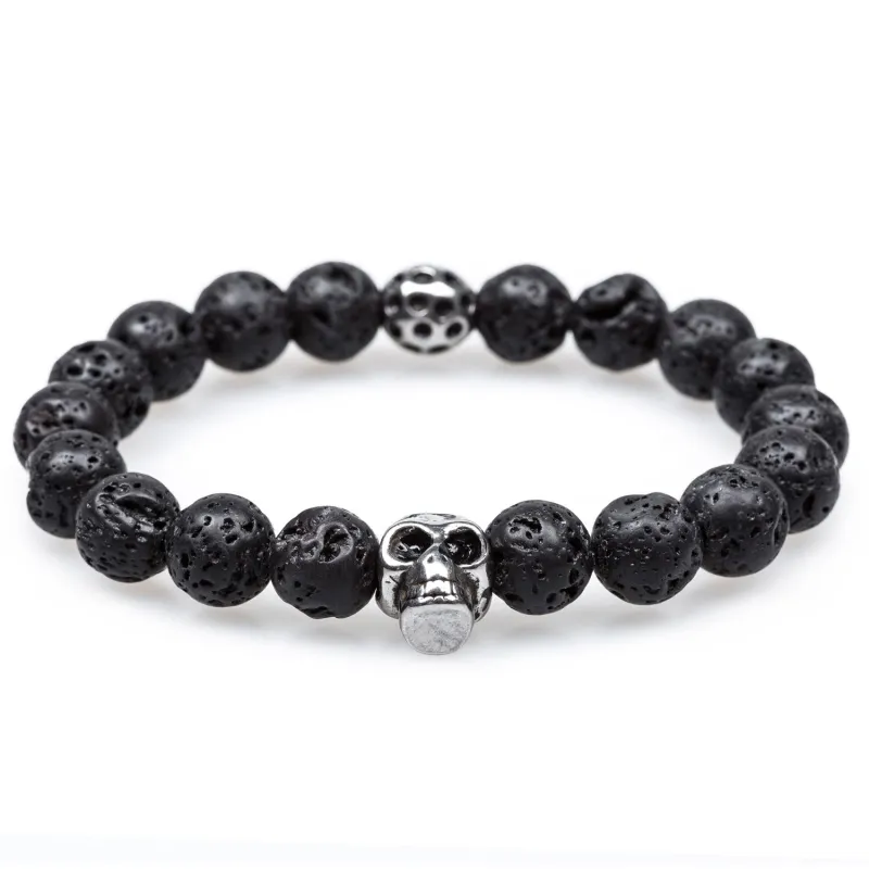 Lava Stone Antique Silver Skull Bracelet made by OTAA