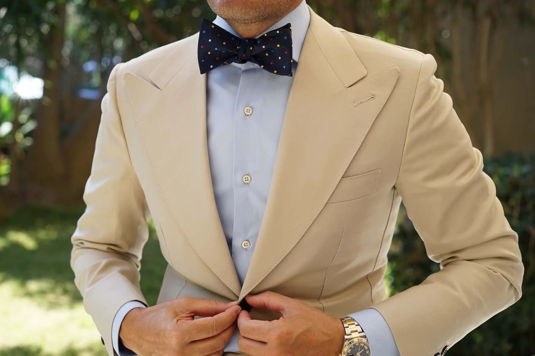 Navy Blue with Confetti Polka Dots Self Tie Bow Tie sold by OTAA product image thumbnail 4