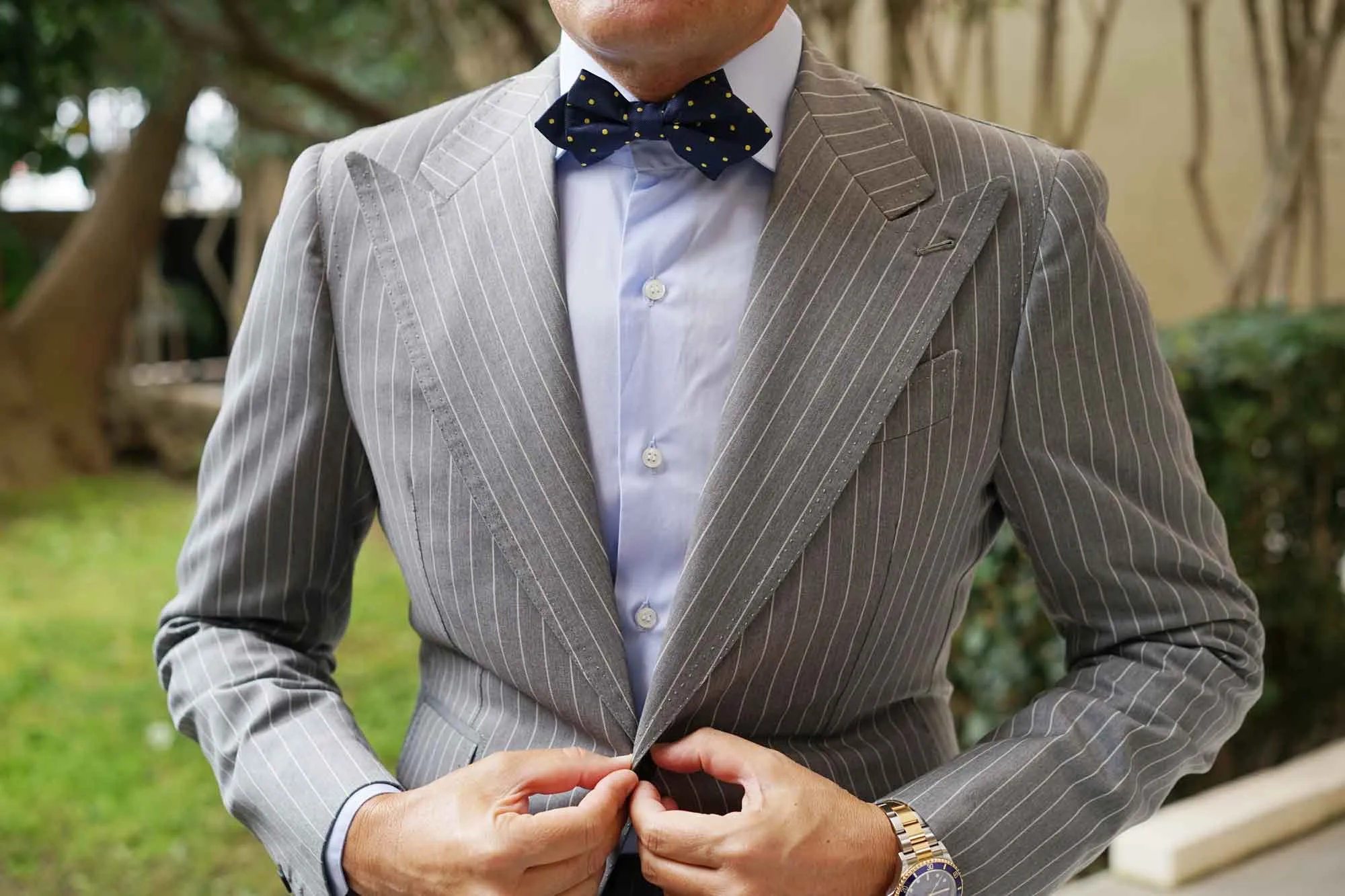 Navy Blue with Yellow Polka Dots Diamond Bow Tie sold by OTAA product image thumbnail 3